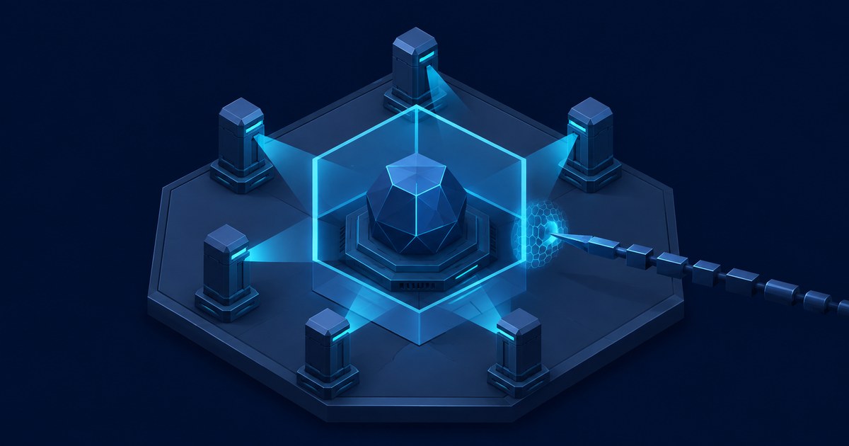 A glowing blue AI core sits within a hexagonal security barrier, ringed by six sensor towers as a probe tests its defenses.