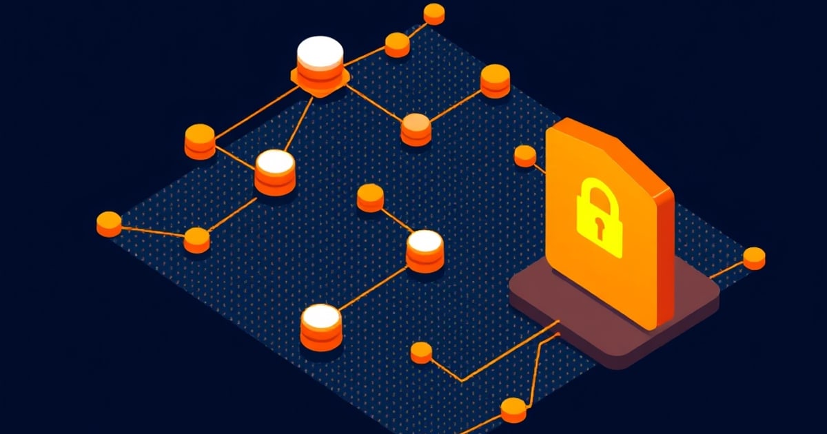Flat isometric illustration of an orange node-and-line network of database discs on a navy grid, beside a tall orange plaque bearing a yellow padlock.