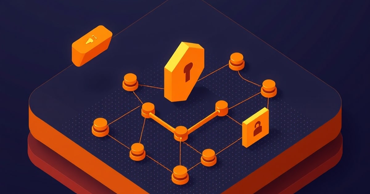 Flat isometric illustration of a layered detection platform where linked nodes route traffic past a keyhole gate toward a locked output panel