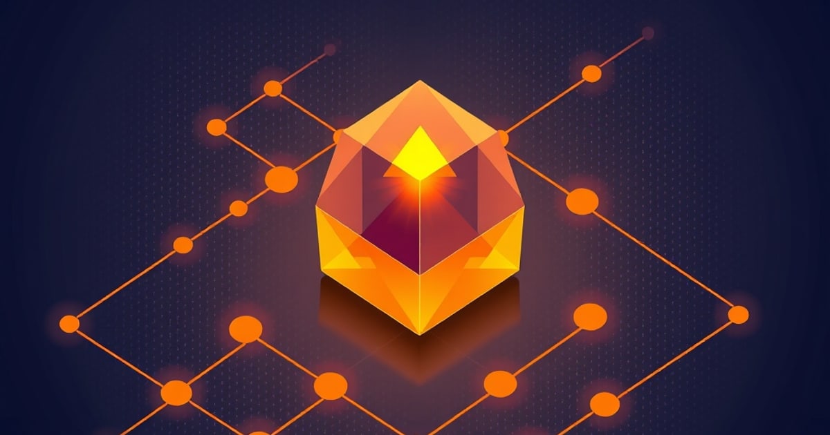 Flat isometric illustration of a cracked-open amber crystal cube releasing a bright shard, set on a dark circuit-trace grid.