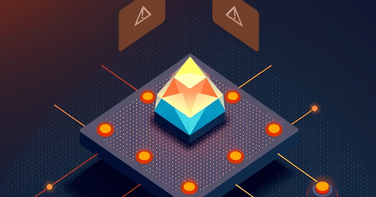 Isometric glowing crystal gem on a dark circuit board platform ringed by orange nodes, beneath two warning sign panels, evoking LLM security testing