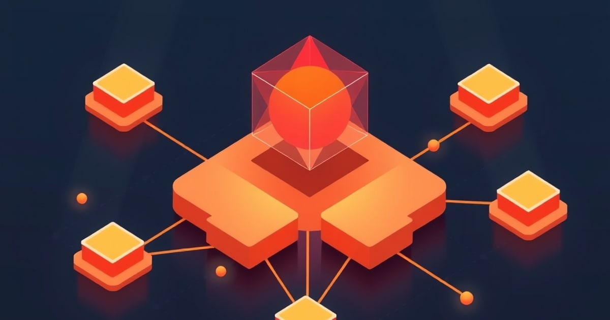 Flat isometric illustration of a translucent red cube holding an orange sphere above a cross-shaped platform linked to four stacked orange slabs.