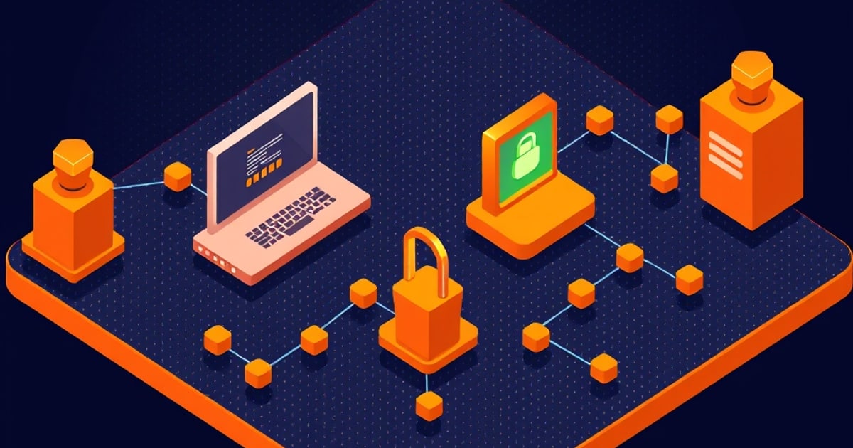 Isometric vector illustration showing interconnected tech symbols and security locks representing llm-security and roleplay constraints.